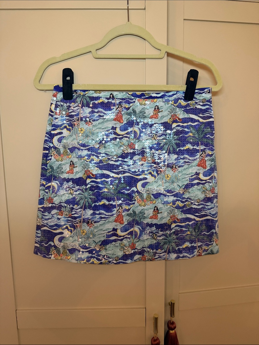 Sequin Embellished Blue Tropical A-Line Skirt